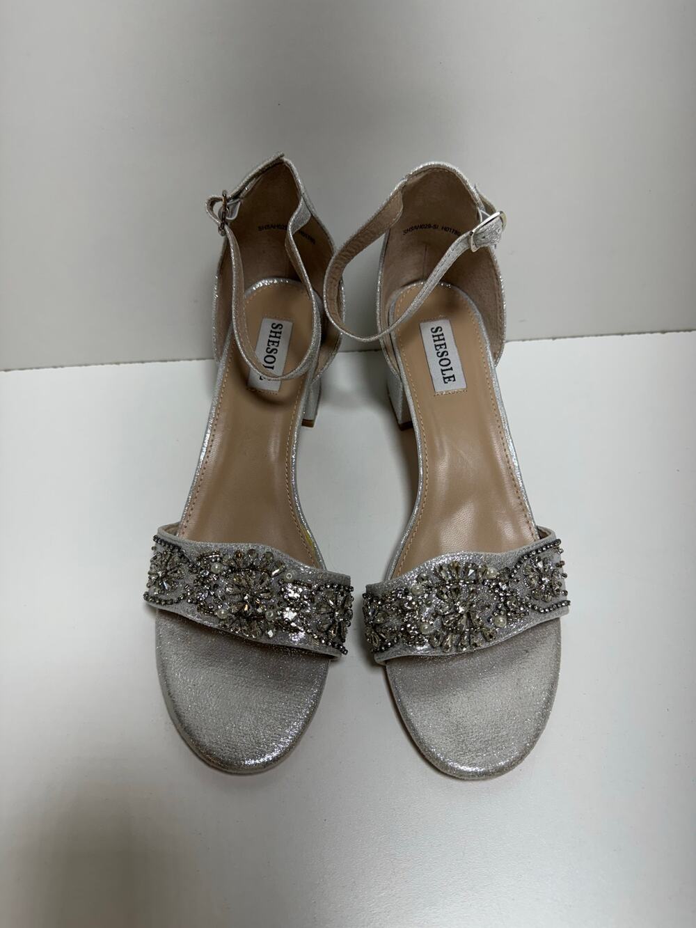 SheSole Women’s Open Toe Chunky Low Heels Silver Sequin Sz 41 US 10 Party